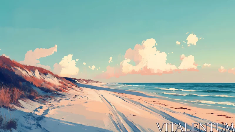 Sunlit coastal dunes under pastel clouds and turquoise sky.