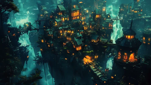 Lanternlit cliff city dreaming above turquoise waterfalls.