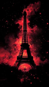 Eiffel Tower glowing in fiery red against a dreamy night sky.