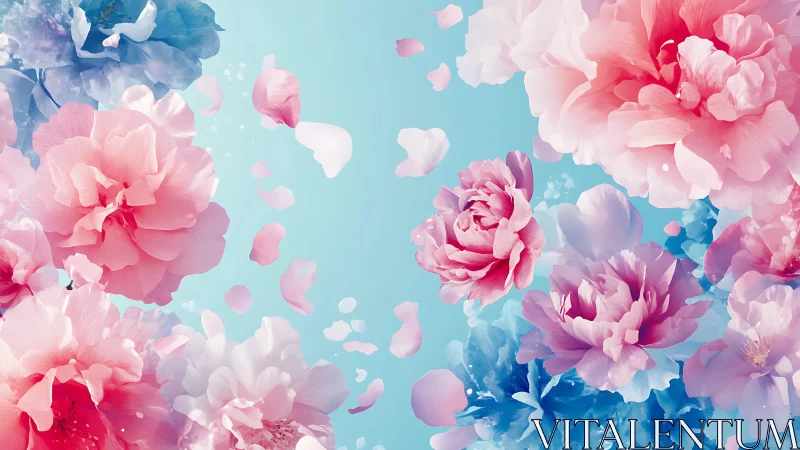Floating Peonies Against Turquoise Sky.