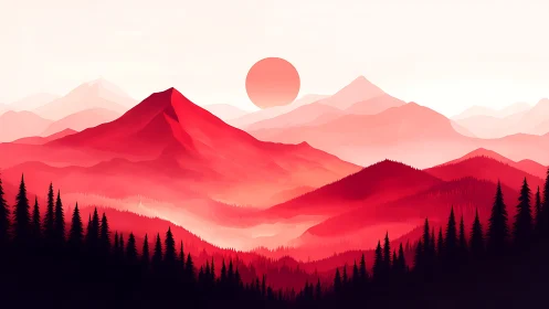 Crimson mountain ranges under stylized rising sun glow.