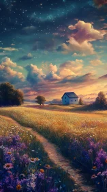 Noctilucent sky over spectral wildflower field and cottage.