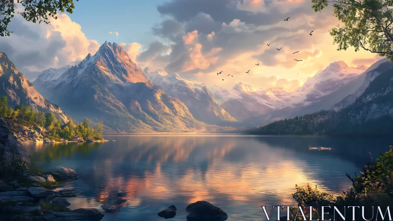 Sunlit alpine peaks mirrored on tranquil mountain lake.