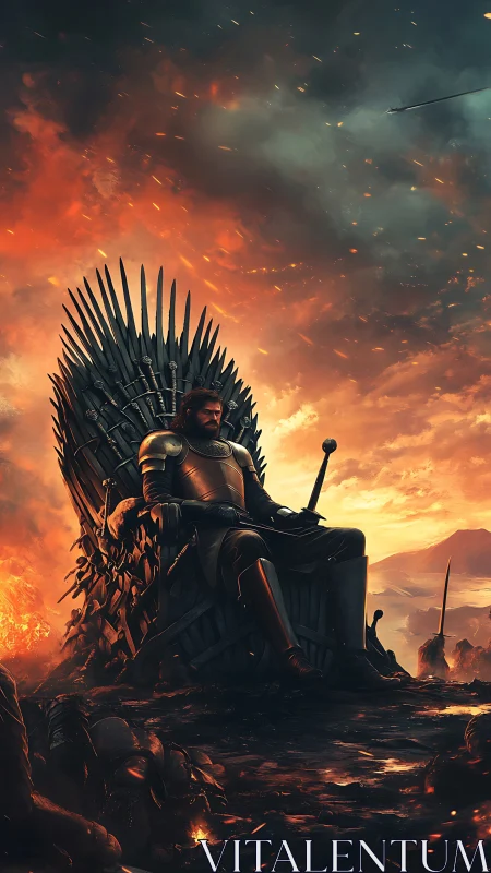 Armored warlord enthroned on spiked blades amid inferno skies.