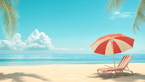 Tropical Parasol Beach Scene: Striped Umbrella with Lounge Chair and Turquoise Waters