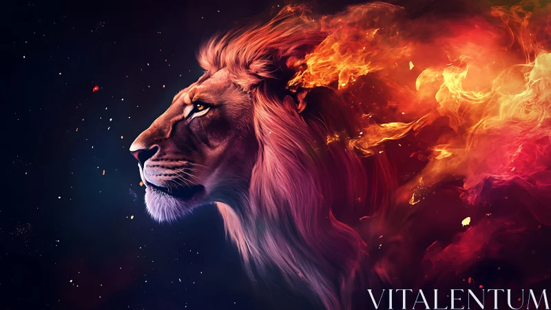 Lion profile with fiery mane against dark abstract field.