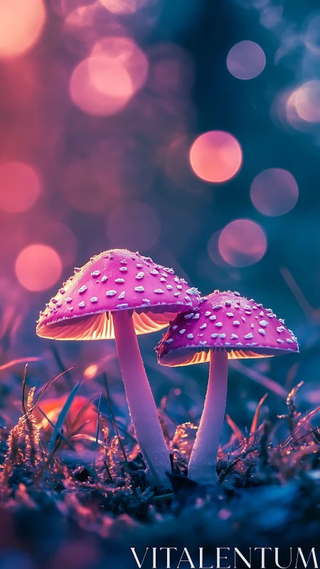 Pink mushrooms under soft bokeh light in forest floor.
