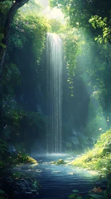 Hidden waterfall cascades through verdant forest sanctuary.
