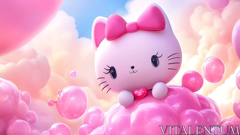 Stylized white cat figure positioned in glossy pink clouds