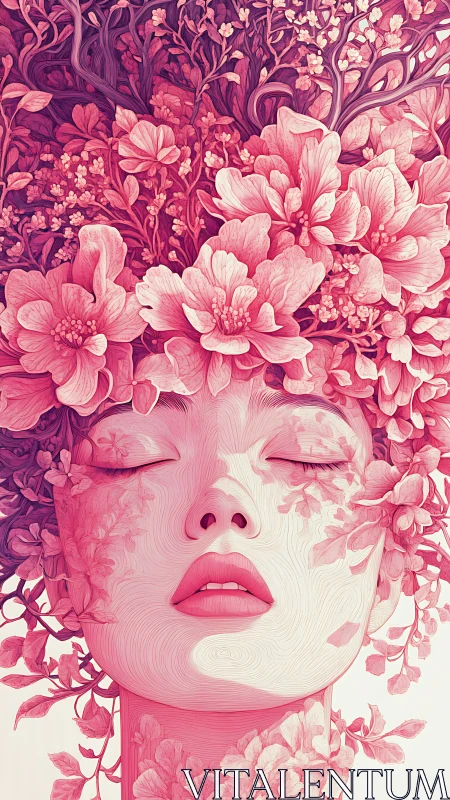 Floral portrait of serene woman in intricate pink bloom.