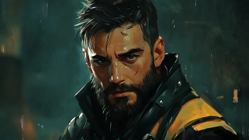 Bearded male portrait with cinematic lighting and textured brushwork