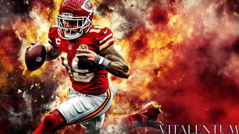 Explosive football runner charging through fiery colors.