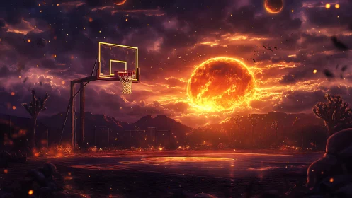 Solar storm horizon over deserted neon-lit court.