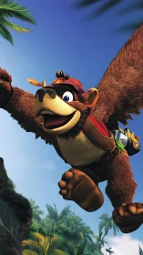 Sky-surfing jungle bear rockets over sunlit palm canopy