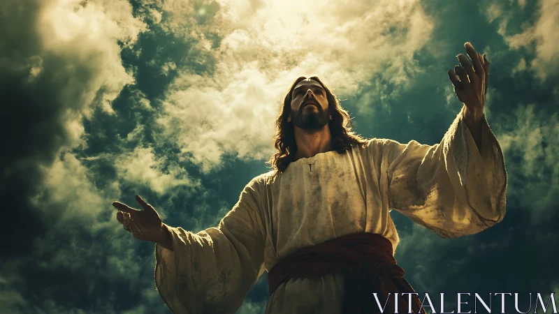 Bearded robed man raises open hands under dramatic sky.