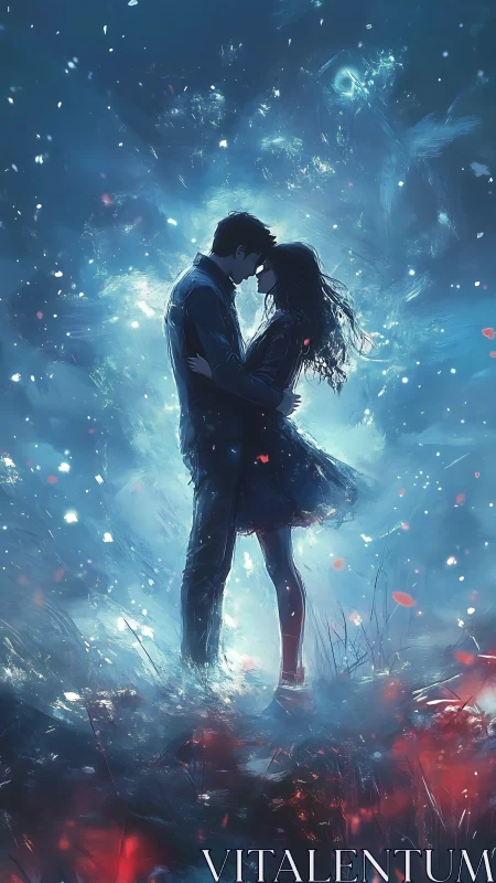 Couple Embracing in Luminous Blue Energy Field