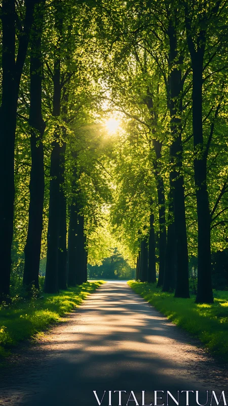 Sunlit forest avenue leads into tranquil green distance.