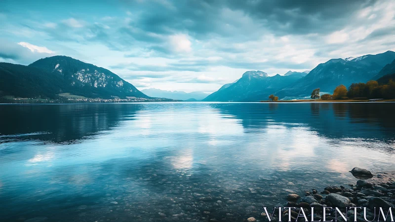 Calm mountain lake under overcast sky with clear reflections.