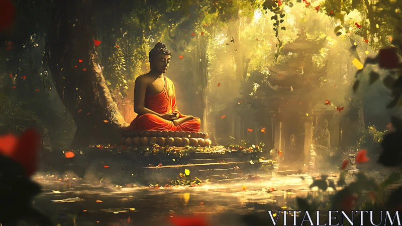 Serene meditating Buddha beneath luminous jungle canopy.