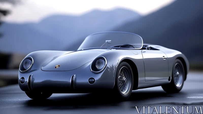 Classic silver roadster gleams against soft mountain backdrop.