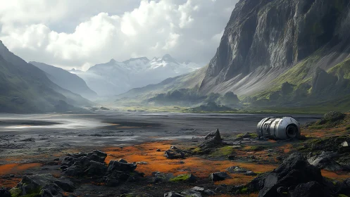 Futuristic survey pod in vast alien valley landscape.