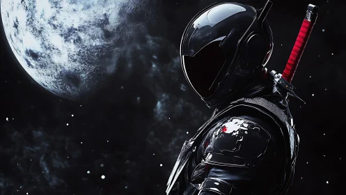 Lunar-lit tactical astronaut with katana in reflective armor.