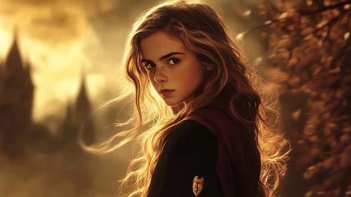 Golden hour portrait of young witch in autumn castle grounds