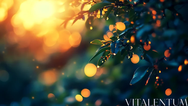 Golden twilight glow dancing through dew-kissed leaves.