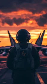 Naval aviator studies twin fighter jets under cinematic dusk sky