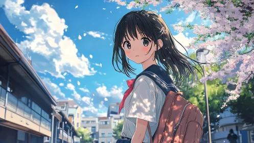 Schoolgirl under cherry blossoms on clear spring street.