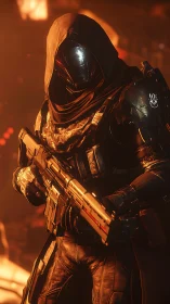 Hooded sci‑fi soldier stands armed in molten industrial glow