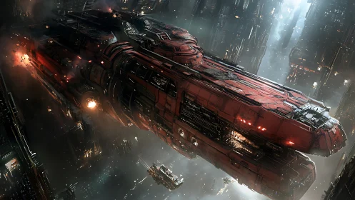 Massive red battleship cuts through dense sci fi shipyard