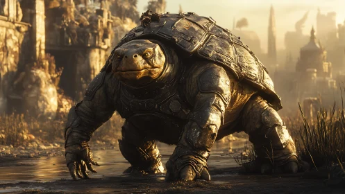 Armored war turtle advances through flooded ruined city