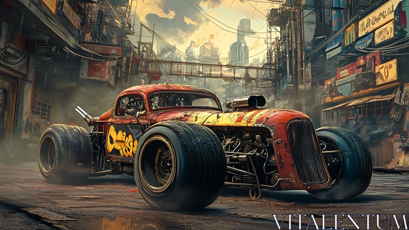 Rust-scarred hot rod roaring through neon slum streets.
