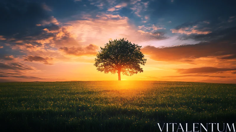 Solitary tree glowing warmly beneath a tender sunrise sky.