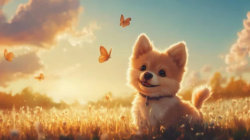 Digital painting of puppy and butterflies in golden meadow light.