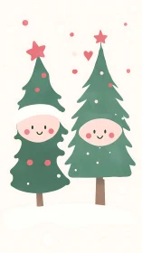 Smiling Christmas tree friends sharing cozy winter cheer.