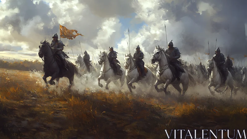 Armored cavalry charge across sunlit battlefield plains.