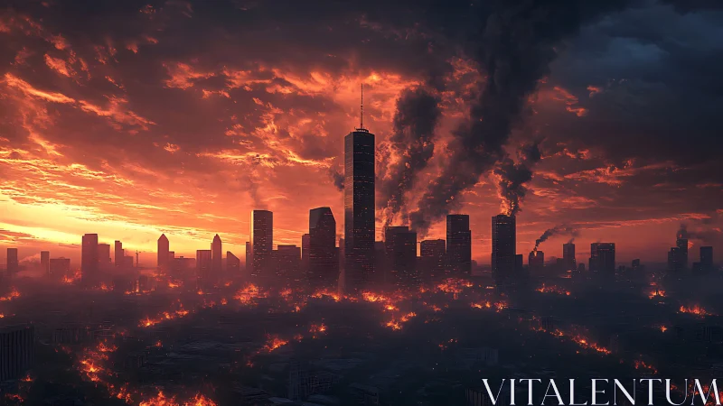 Burning skyline under a storm of embers and fading daylight.