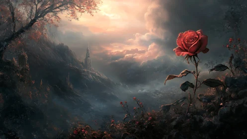 Solitary crimson rose dominates a mist-laden fantasy valley