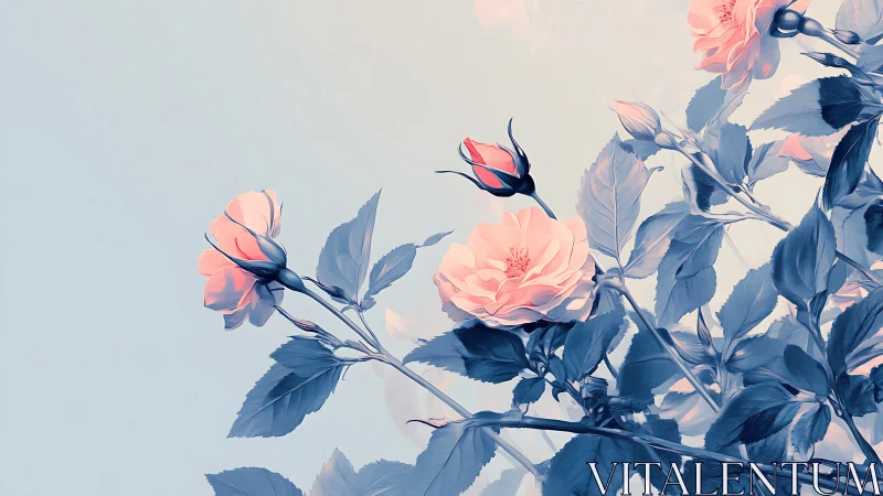 Coral Roses Dance Through Indigo Dreams.