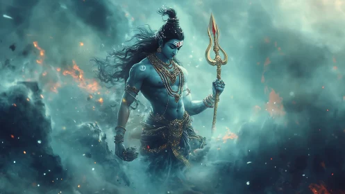 Mystical blue deity walking through swirling cosmic fire.