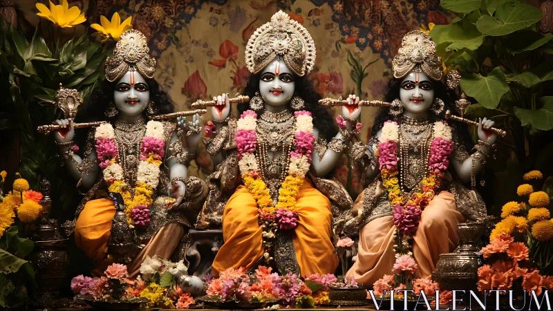 Symmetrical triad of garlanded Hindu deities in ornate silver regalia