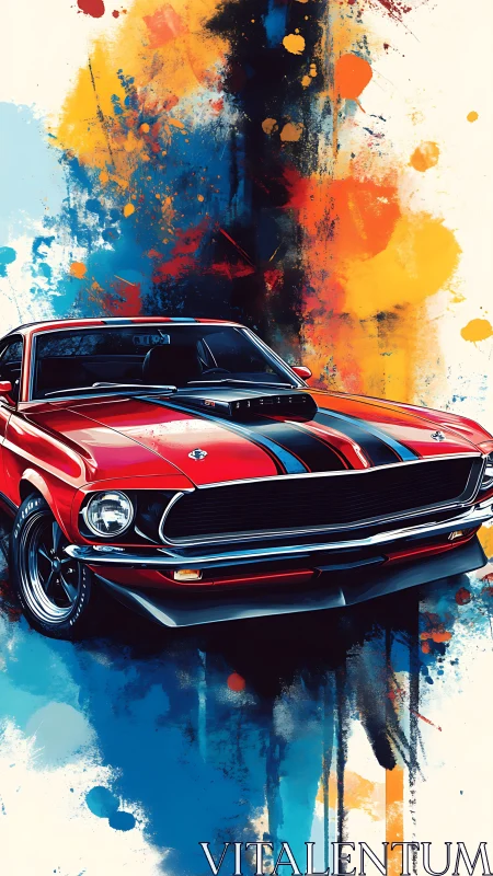 Red classic muscle car stands before bold paint splashes