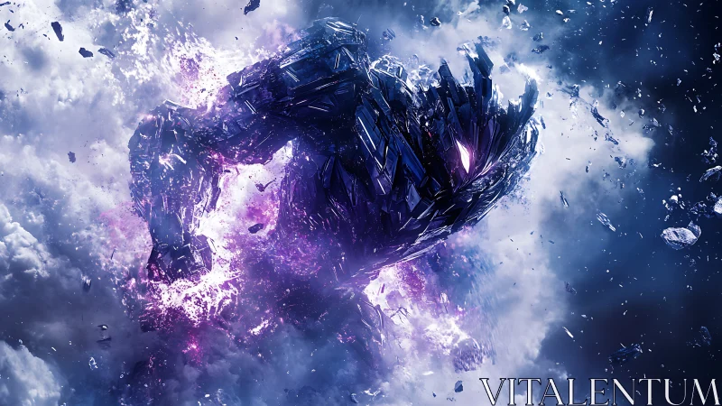 Cosmic shard colossus erupts from storm-lit nebula void.