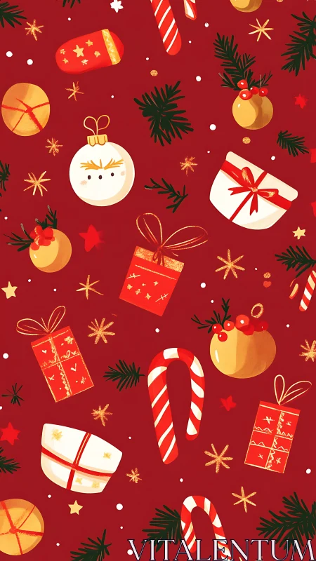Red Christmas pattern with gifts, candy canes, ornaments.