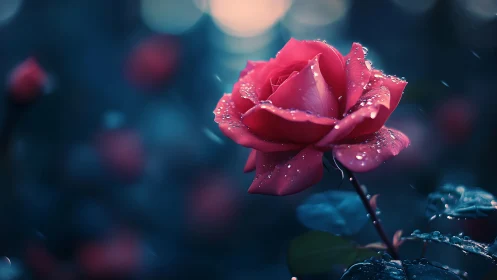 Crimson Rose Blossoms in Rain-Soaked Twilight.