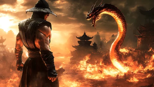 Warrior confronts fiery dragon over burning fantasy city.