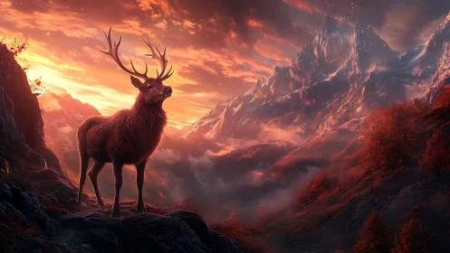 Stag stands on rocky slope before glowing mountain range