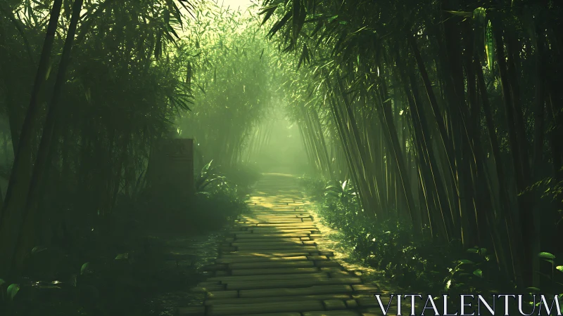 Sunlit bamboo forest path glows with tranquil morning haze